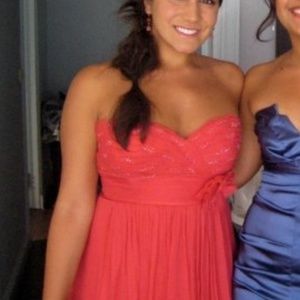 Strapless coral BCBG chiffon gown